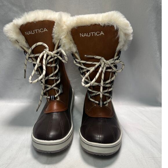 Nautica Brown and Cream Ankle Boots with Fur Trim - Picture 1 of 6